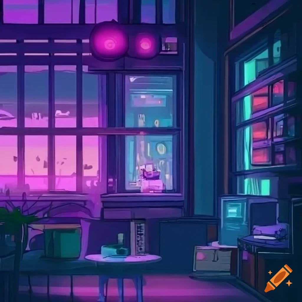 Cozy cyberpunk lofi room with purple lights and plants