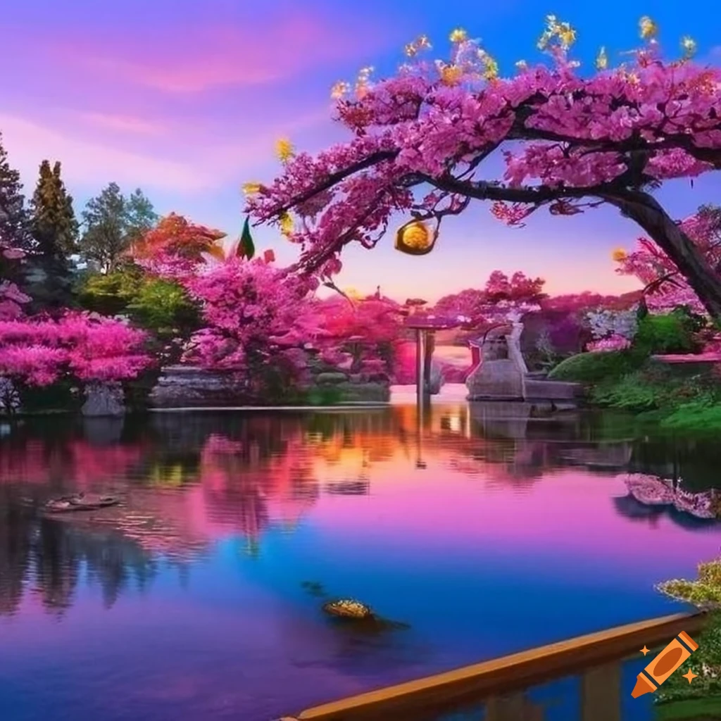 sunset view of a beautiful Japanese garden with sakura trees and a lake