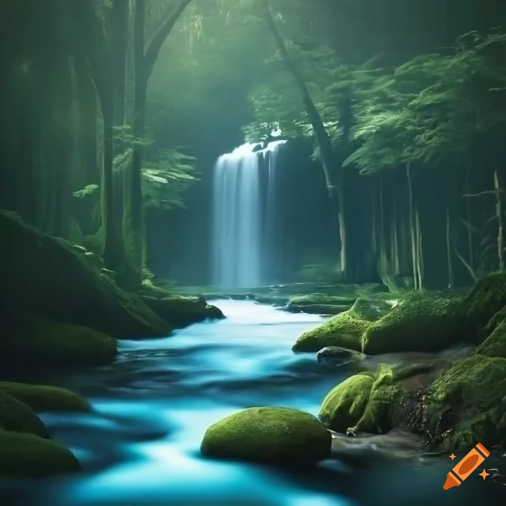 Serene Forest With Flowing Stream And Waterfall On Craiyon
