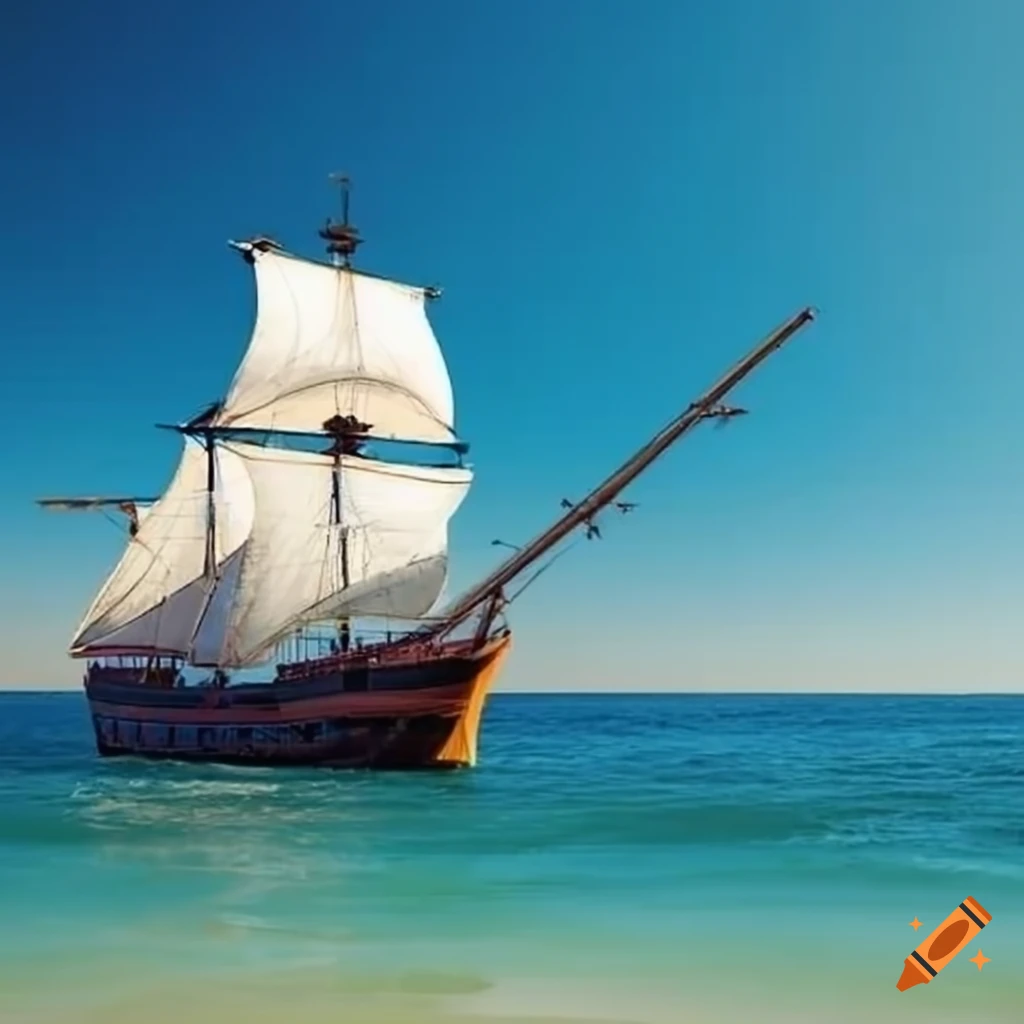 bright beach with a pirate ship sailing on a sunny day