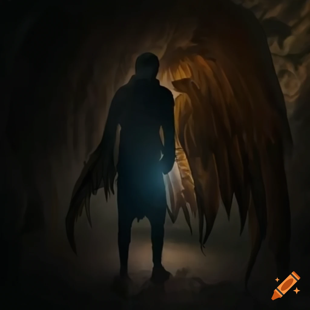 Artistic portrayal of a man with wings in a cave on Craiyon