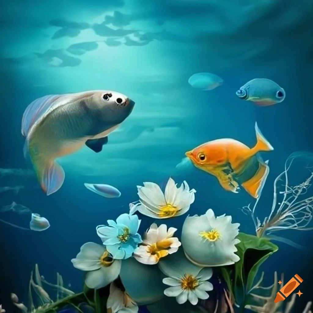 realistic underwater scene with flowers and fishes