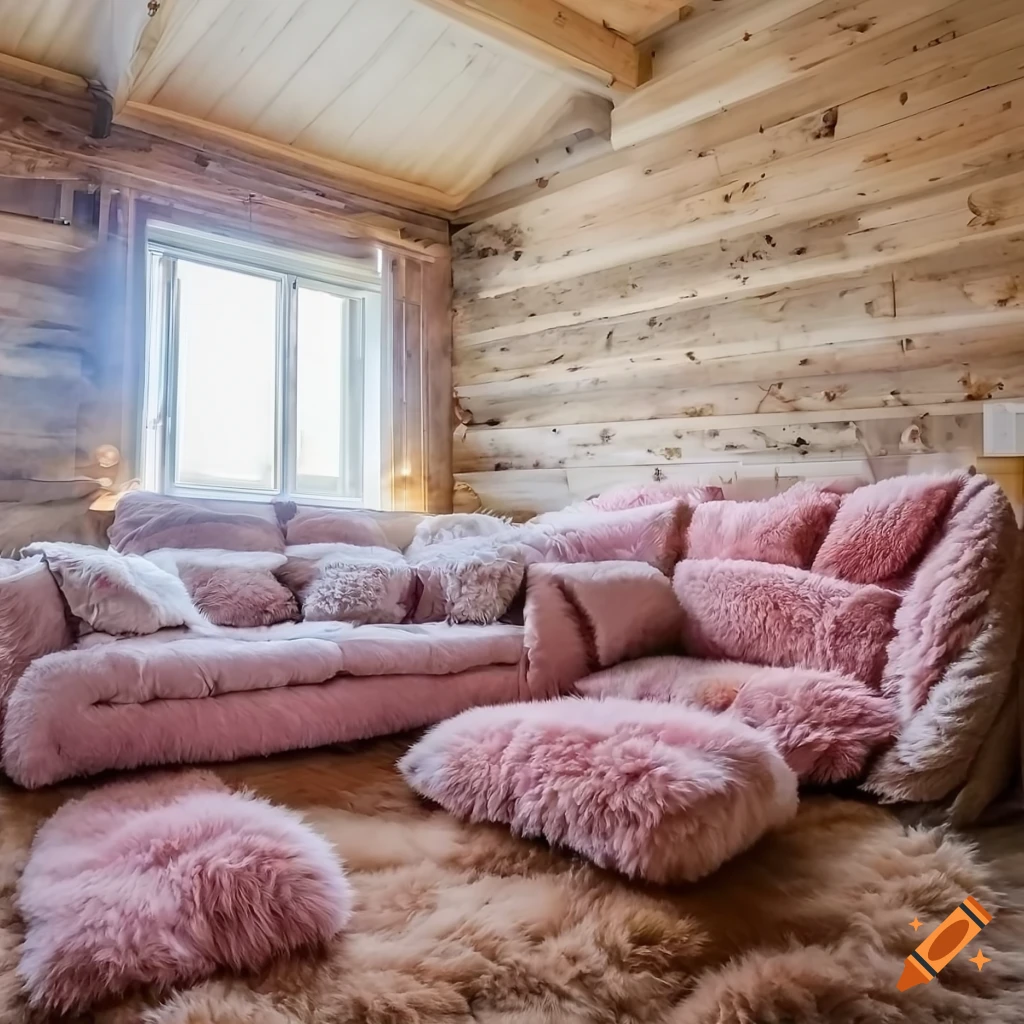 cozy attic room with fluffy pink teddy blankets on a corner couch