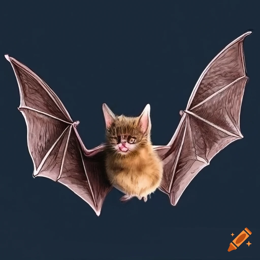 etching of a fluffy bat with a kitten face