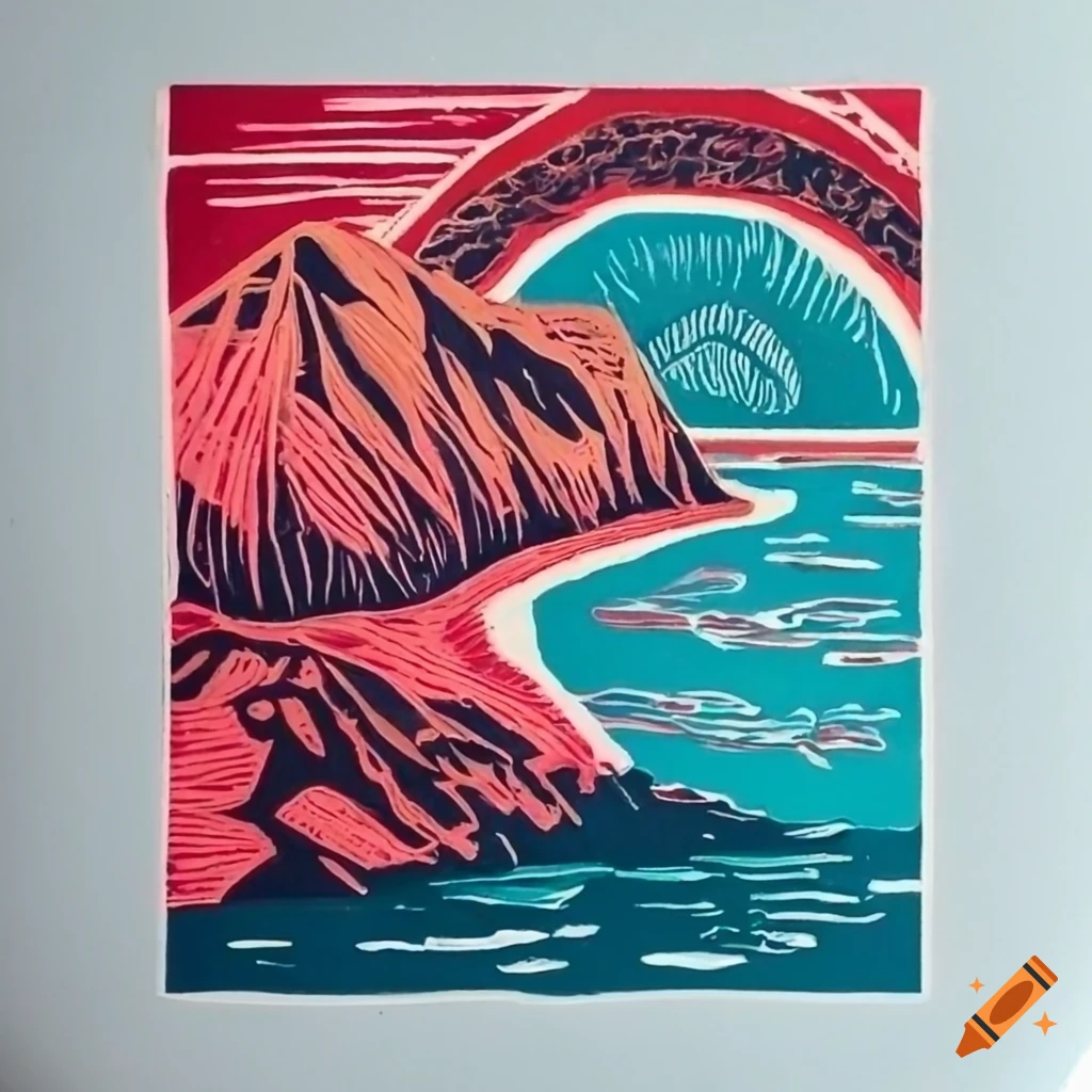 Vibrant linocut artwork inspired by new zealand