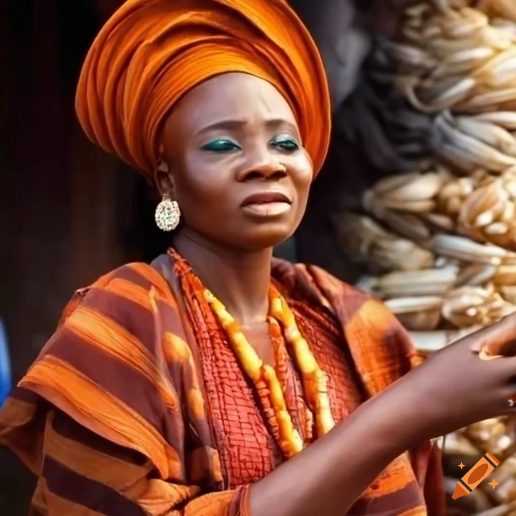 Nigerian woman selling yams in traditional dress at the market