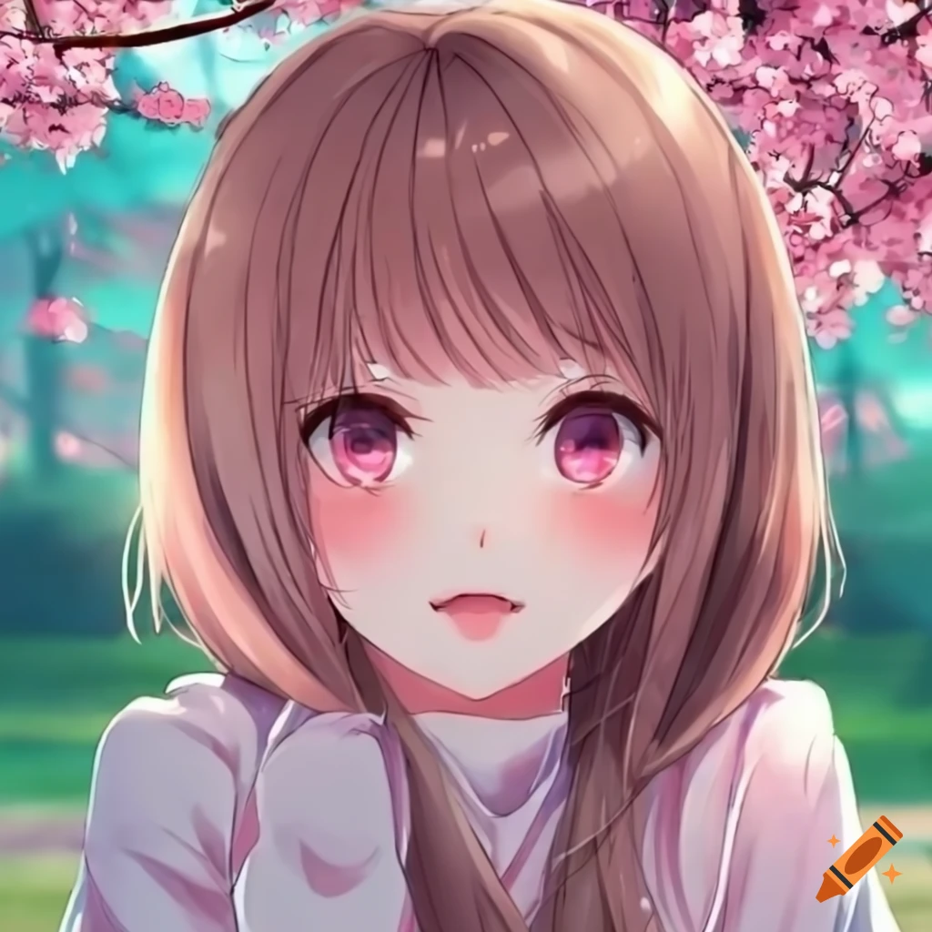 Anime girl with brown hair and pink eyes in spring on Craiyon