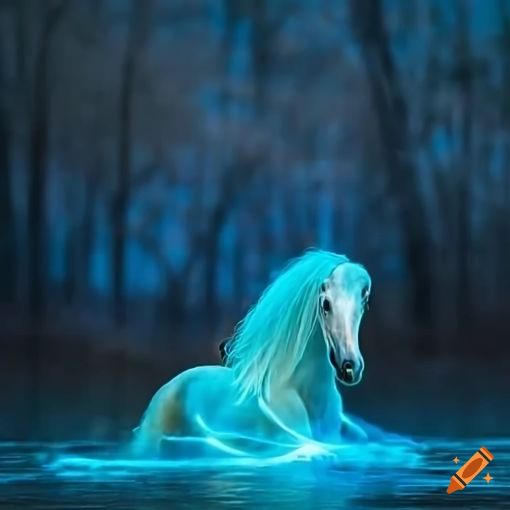stallion with glowing fiery mane in a magical forest