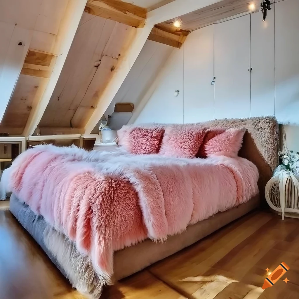 cozy attic room with pink teddy blankets on a corner couch