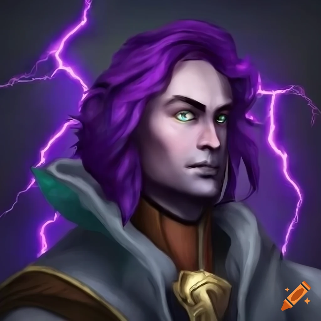 purple-haired male lightning mage in a grey cloak