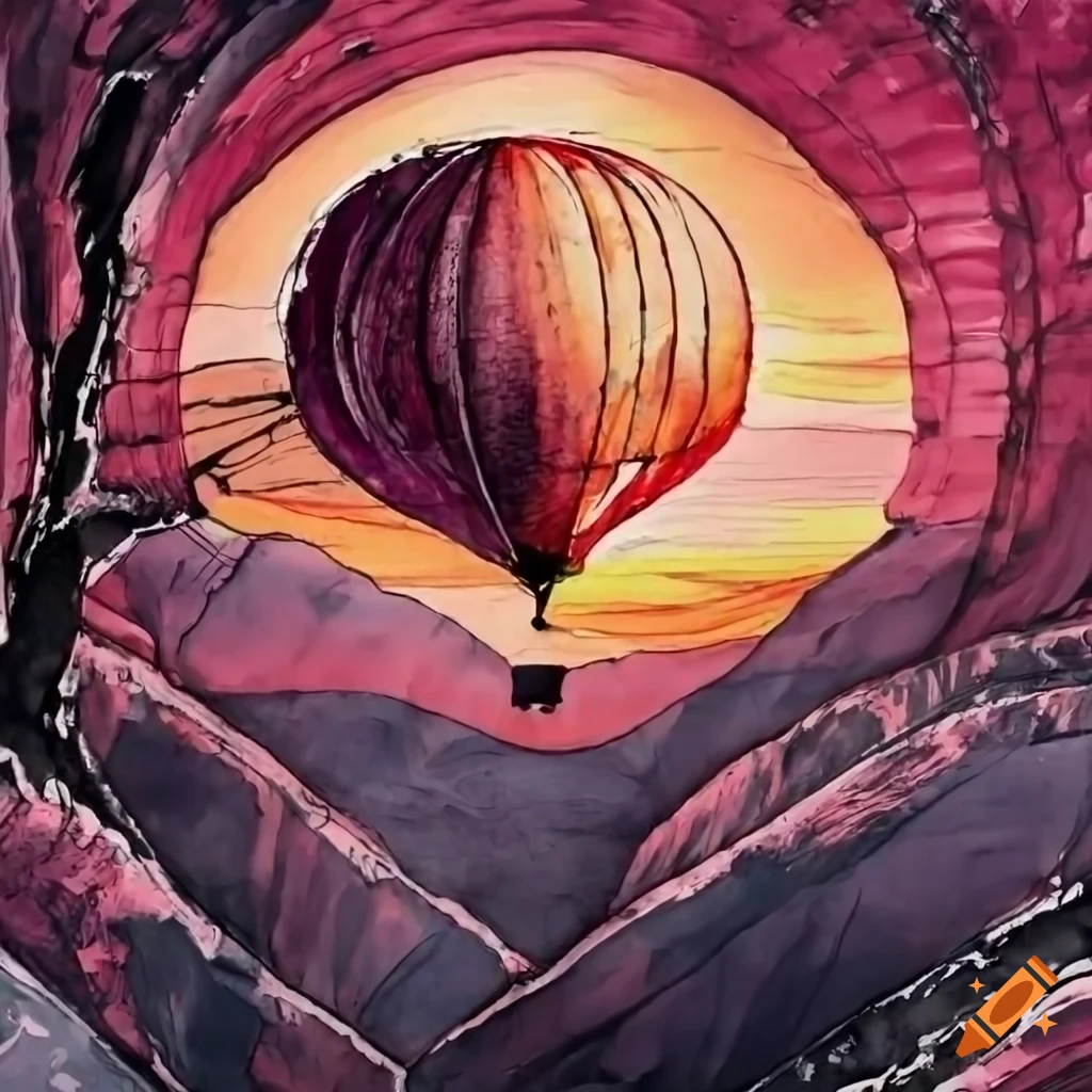 alcohol ink drawing of a hot air balloon flying over a gorge at sunset