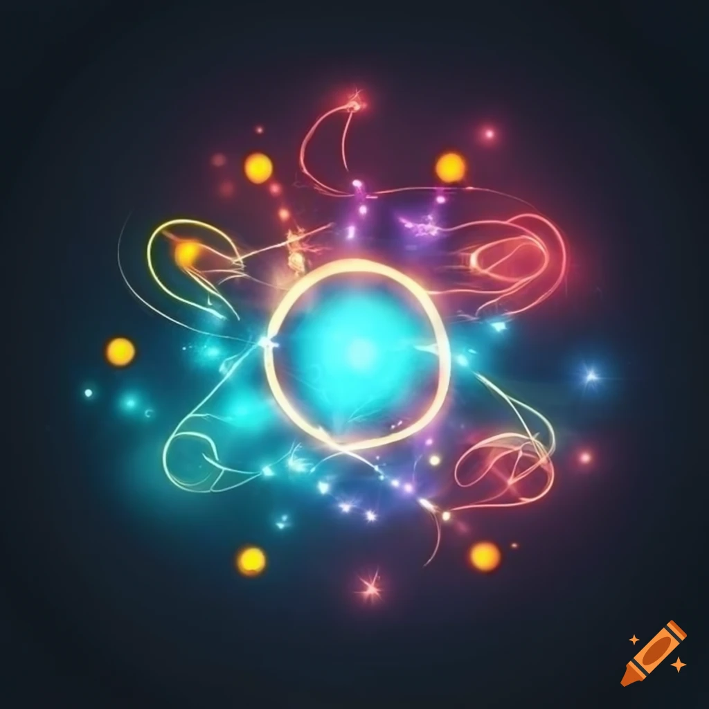 glowing atomic logo with fireworks and submarine