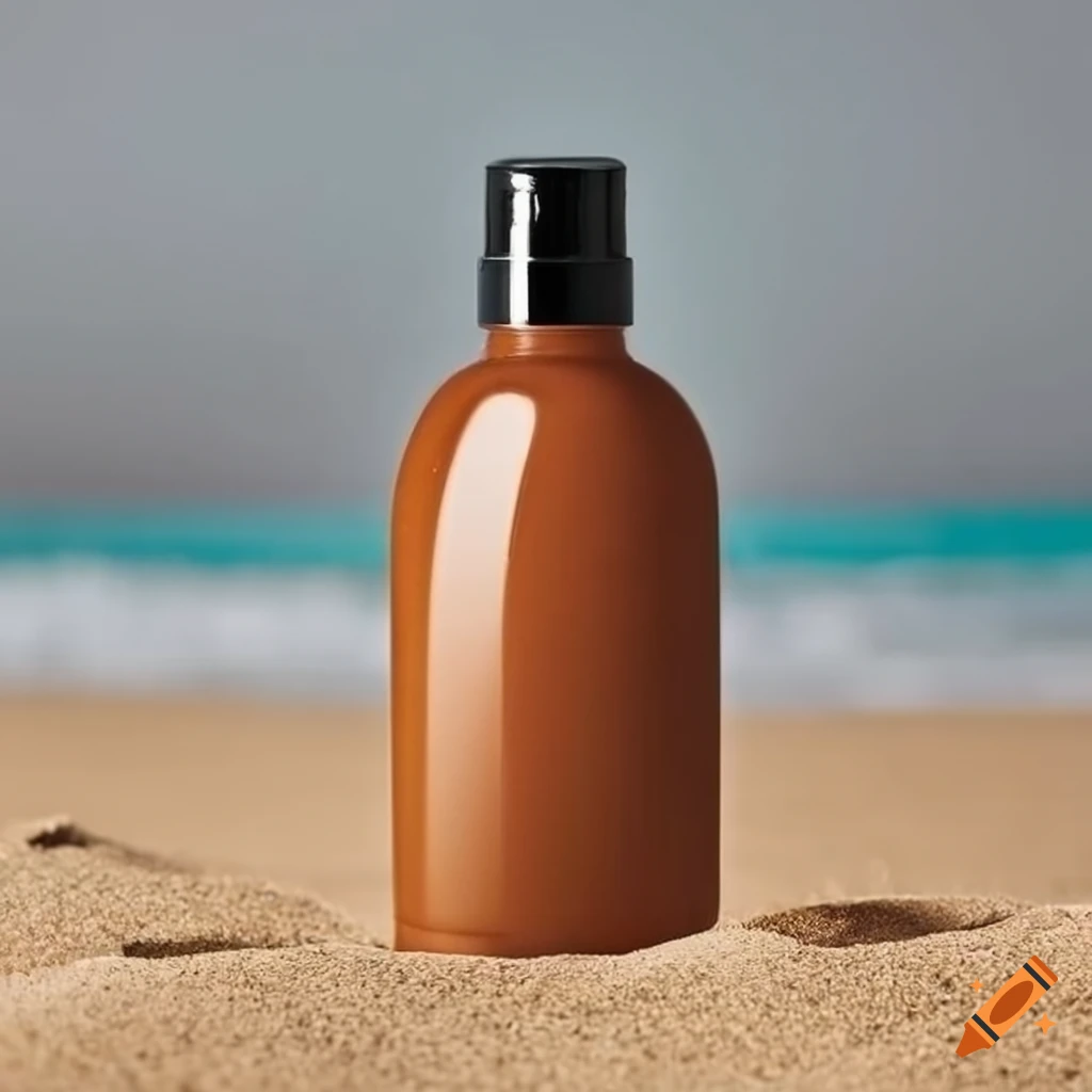 suntan lotion bottle on sandy beach