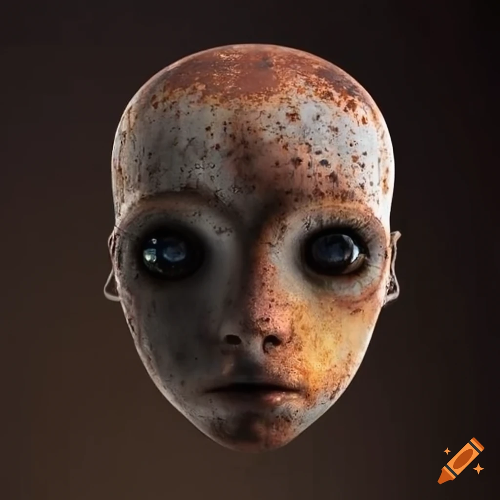Rusty metal android head with human eyes