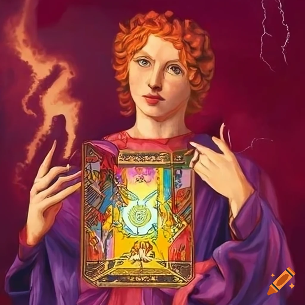 painting of a male magician with dancing cats and lightning