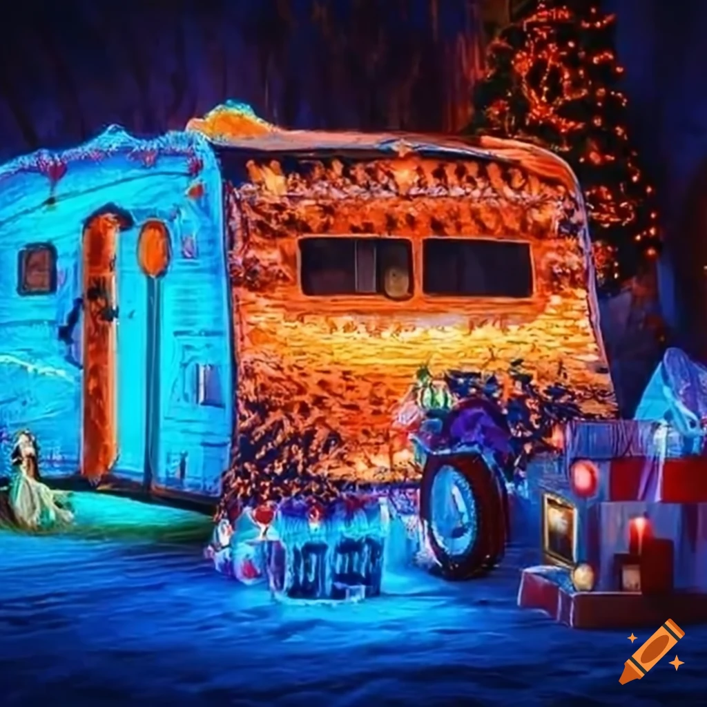 festive RV decorated for Christmas at a winery