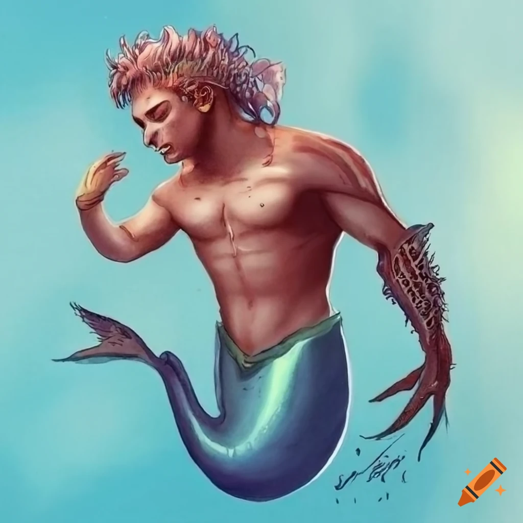 detailed etching of a sea cucumber merman