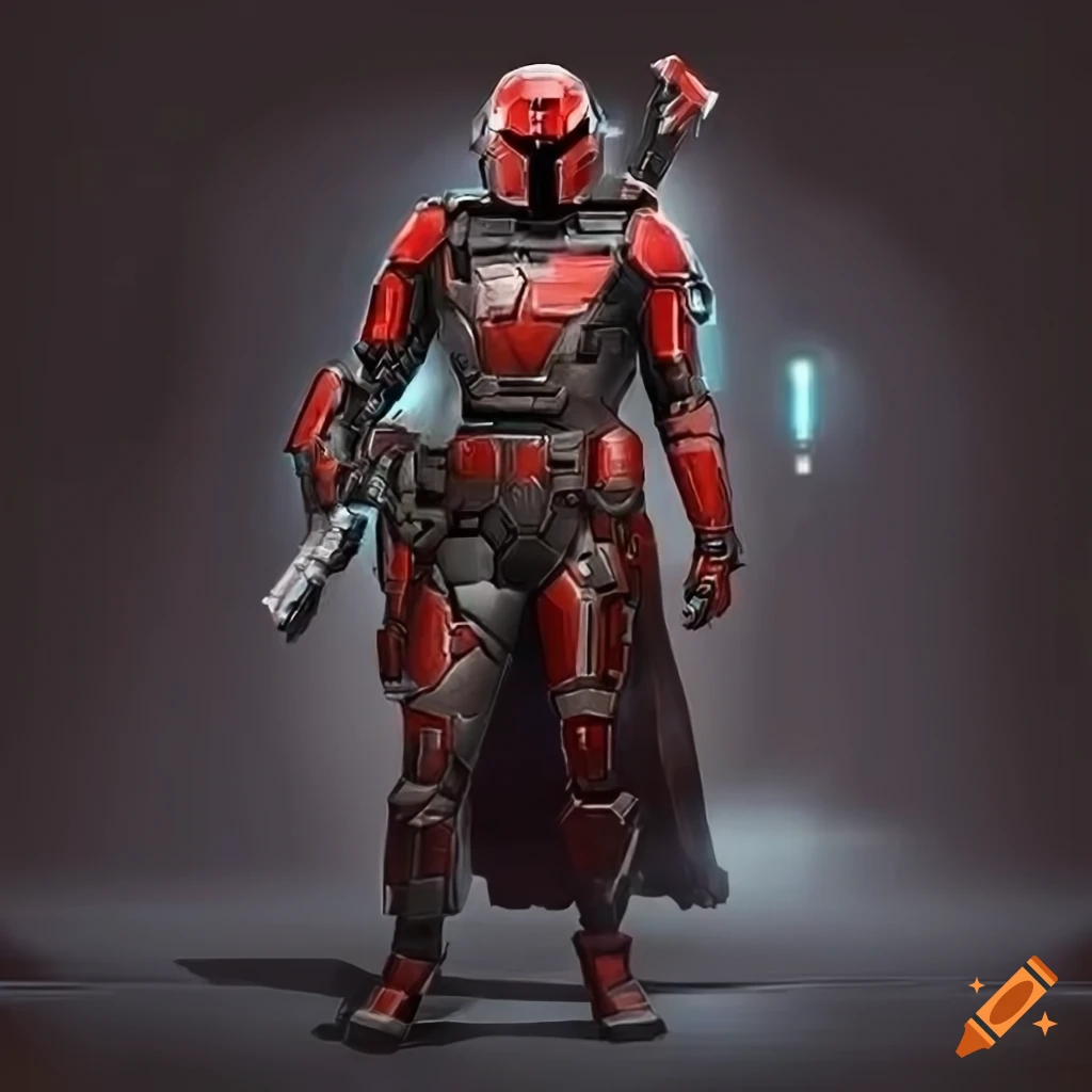 futuristic bounty hunter in red and black armor