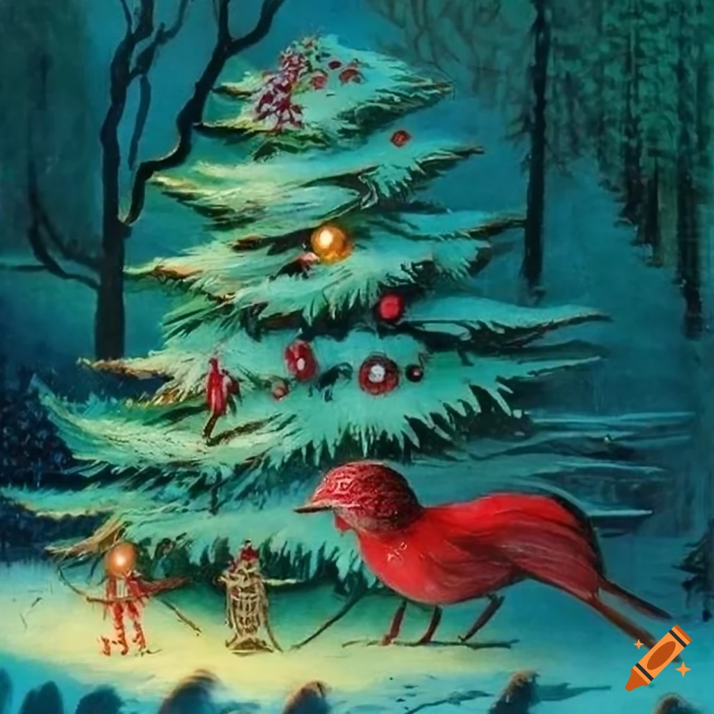 Intricate egg tempera painting of a christmas tree in a fairytale