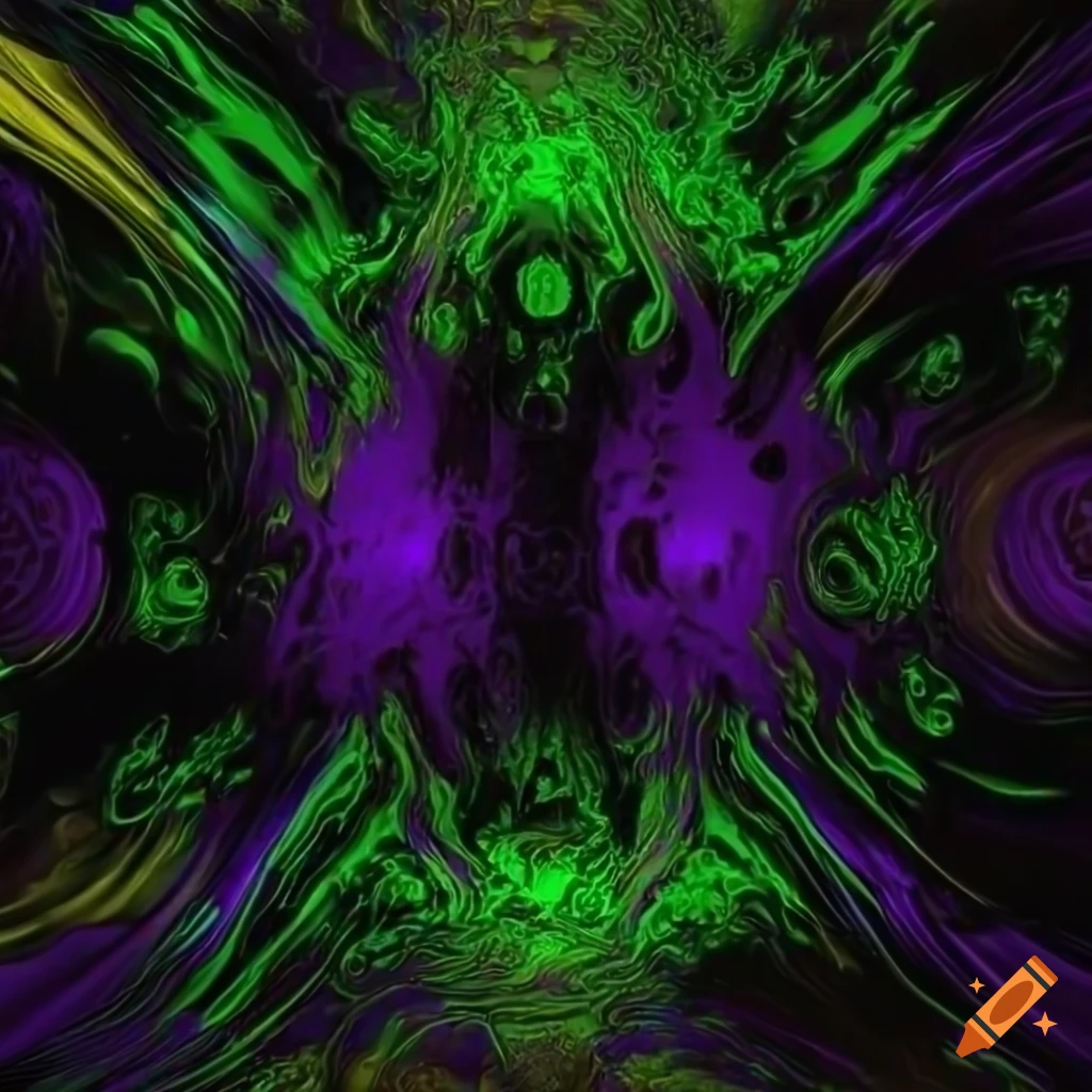 abstract 3D art with black, acid green and purple colors