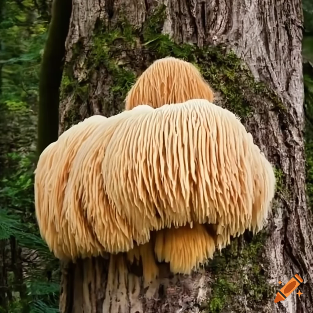 Cluster of lion's mane mushrooms on a tree on Craiyon