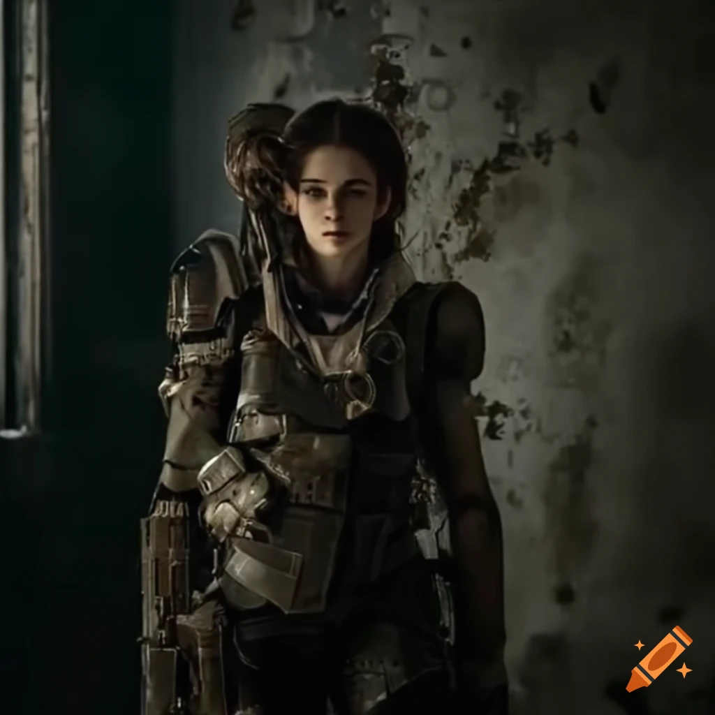 Kristen Stewart in post-apocalyptic setting with power armor and energy weapons