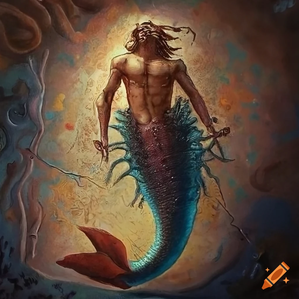 etched illustration of a merman with a sea cucumber-lizard hybrid body