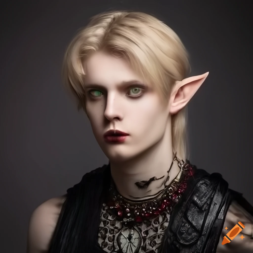 male half-elf with green eyes and blond hair wearing gothic clothes