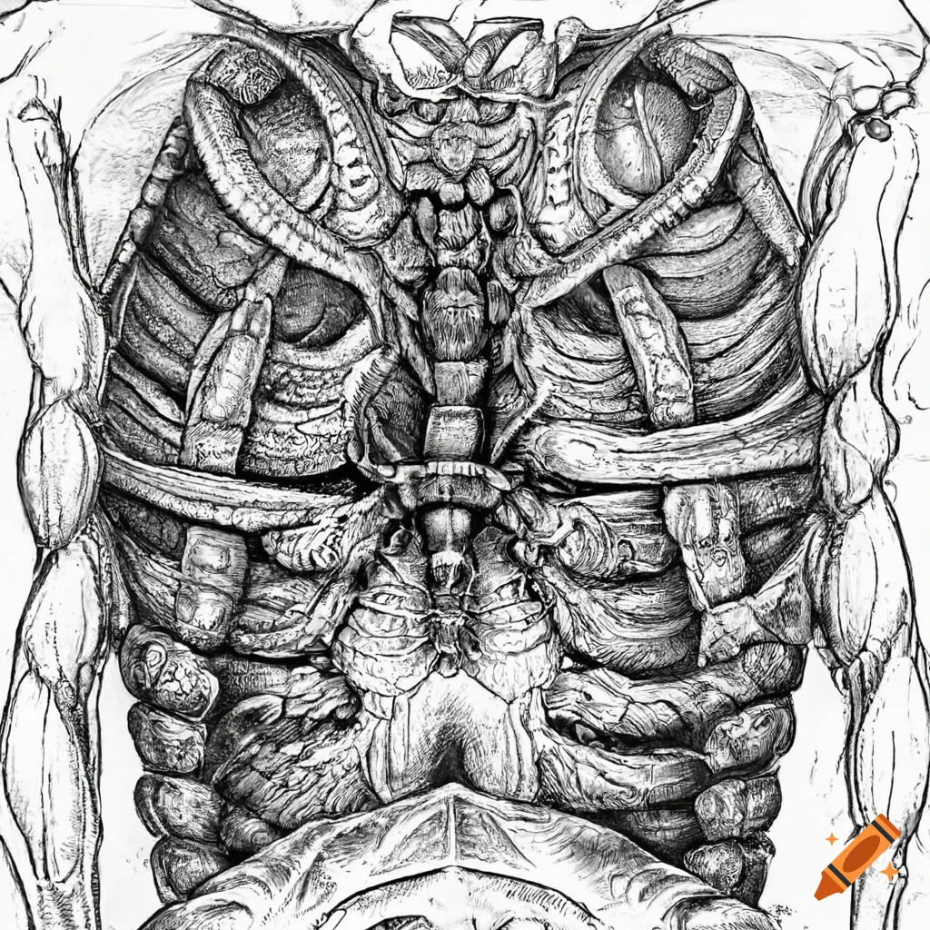 Giger-style monochrome chest cavity insect art