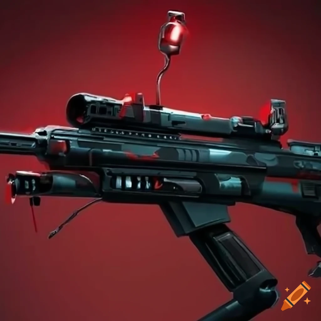 futuristic black and red rifle integrated to a robotic arm
