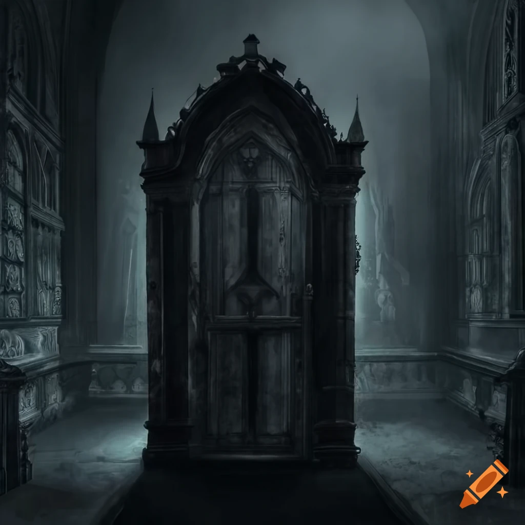 Image of a gothic room with a large door and torches on Craiyon