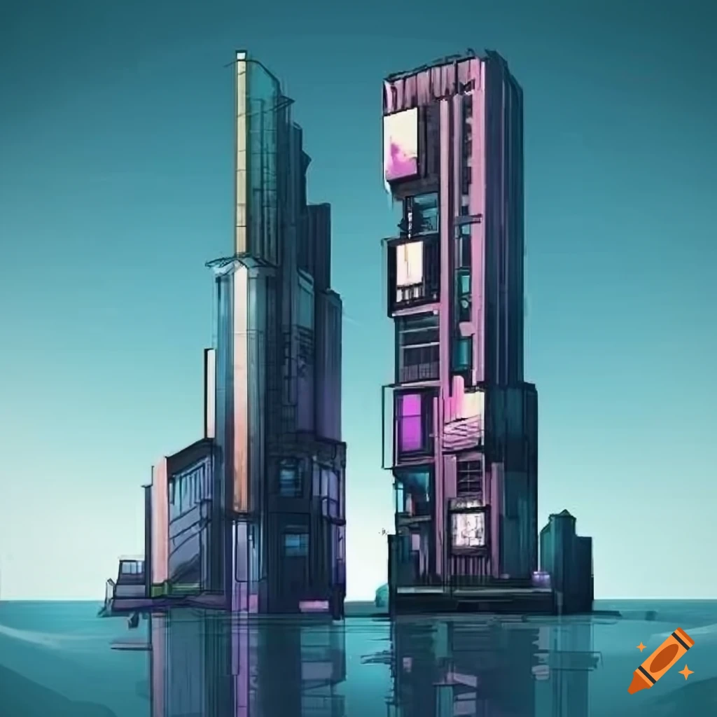 cyberpunk-style architectural drawing of a skyscraper