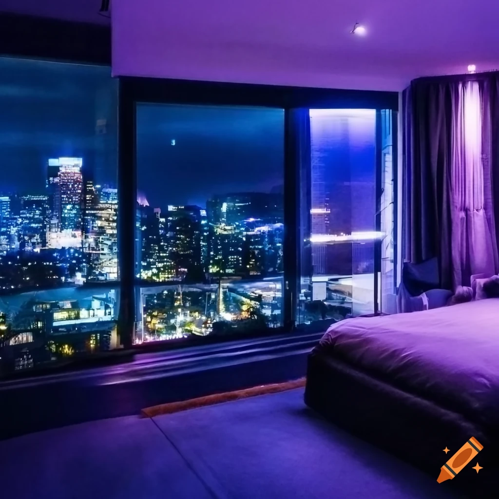 Vibrant city skyline seen from a cosy bedroom at night on Craiyon