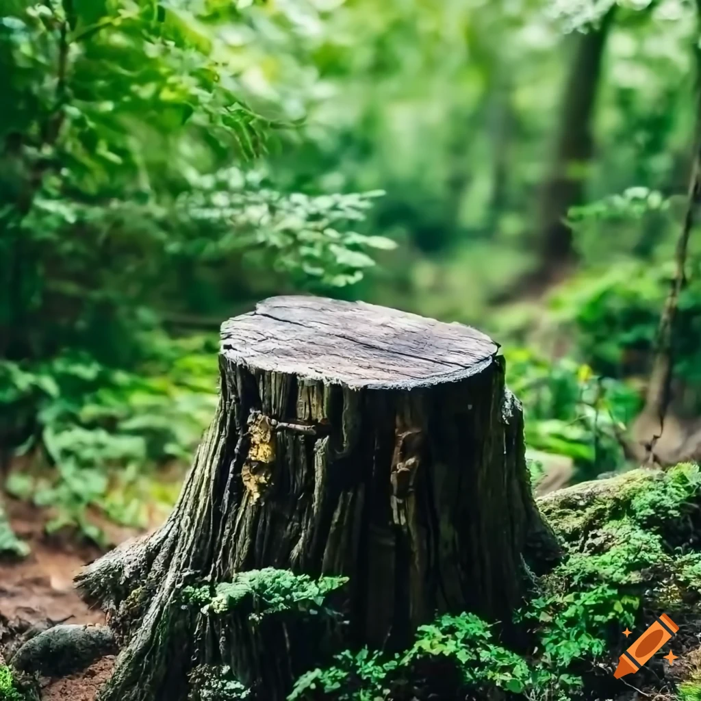 View of a weathered tree stump in a lush forest