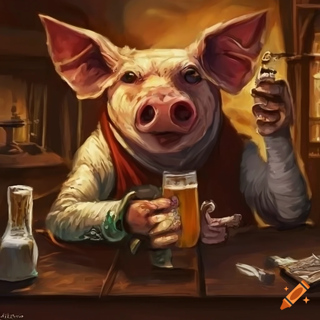 fantasy art of a pig hunter enjoying in a pub