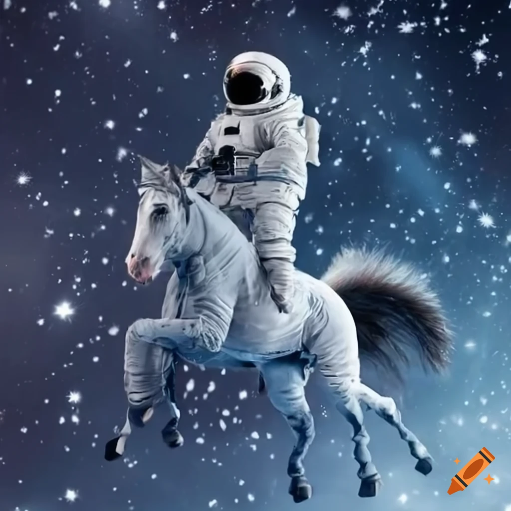 astronaut riding a flying horse in space