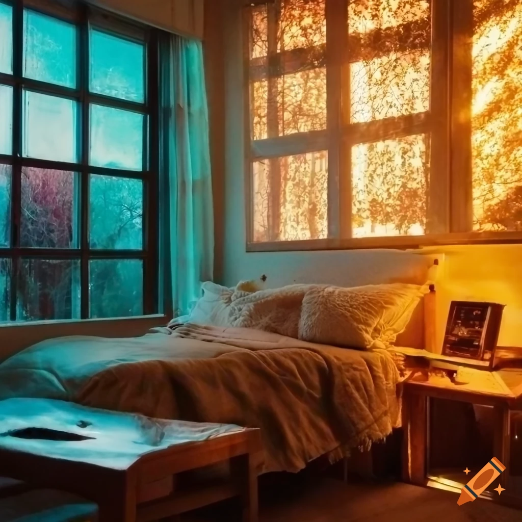 colorful sunset in a cozy 80s girl's room