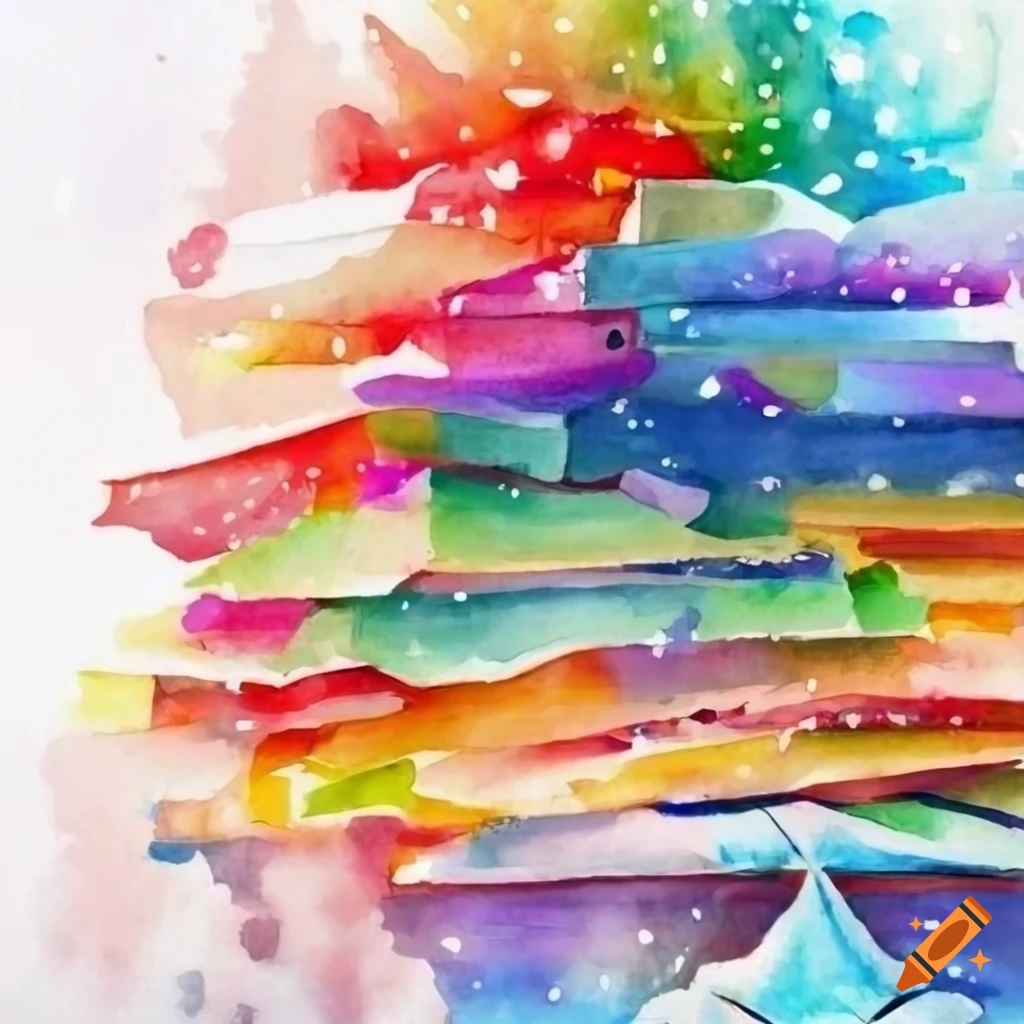 colorful watercolor Christmas scene with paper pile