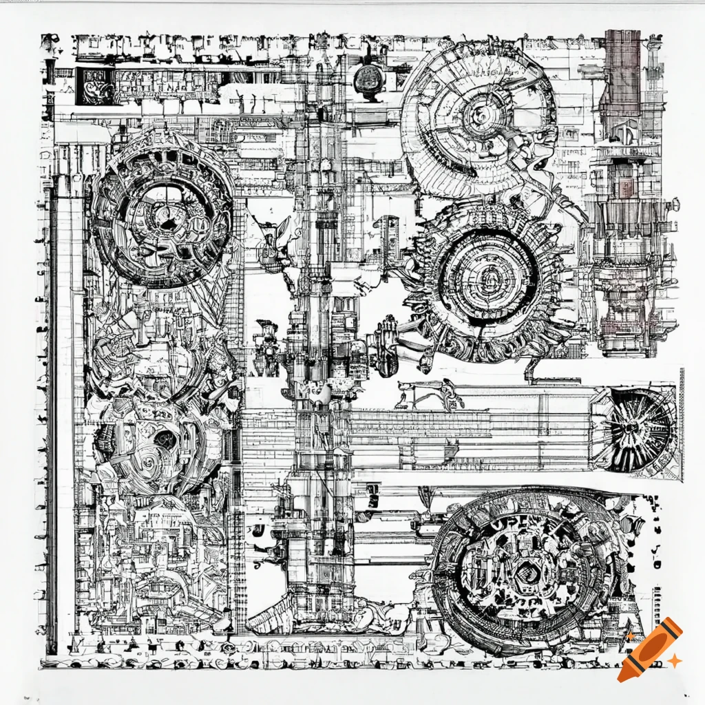 Intricate blueprints with detailed mechanical drawings