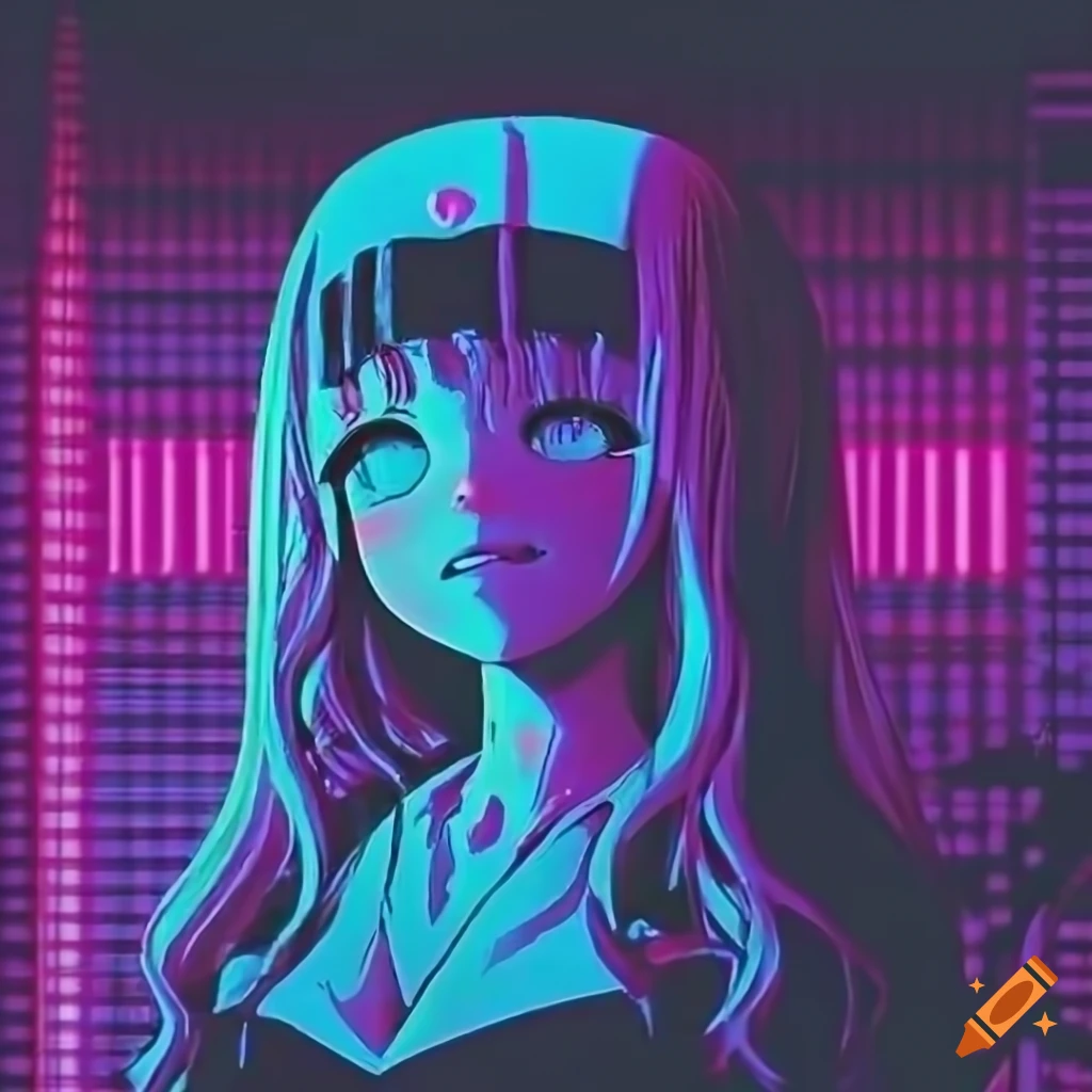Chika Fujiwara in a synthwave aesthetic