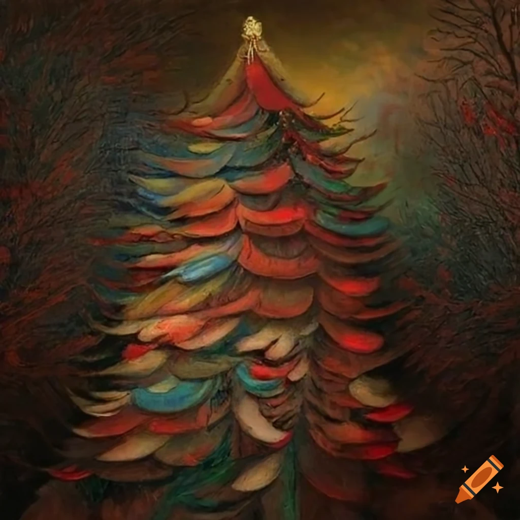Intricate painting of a christmas tree made of feathers