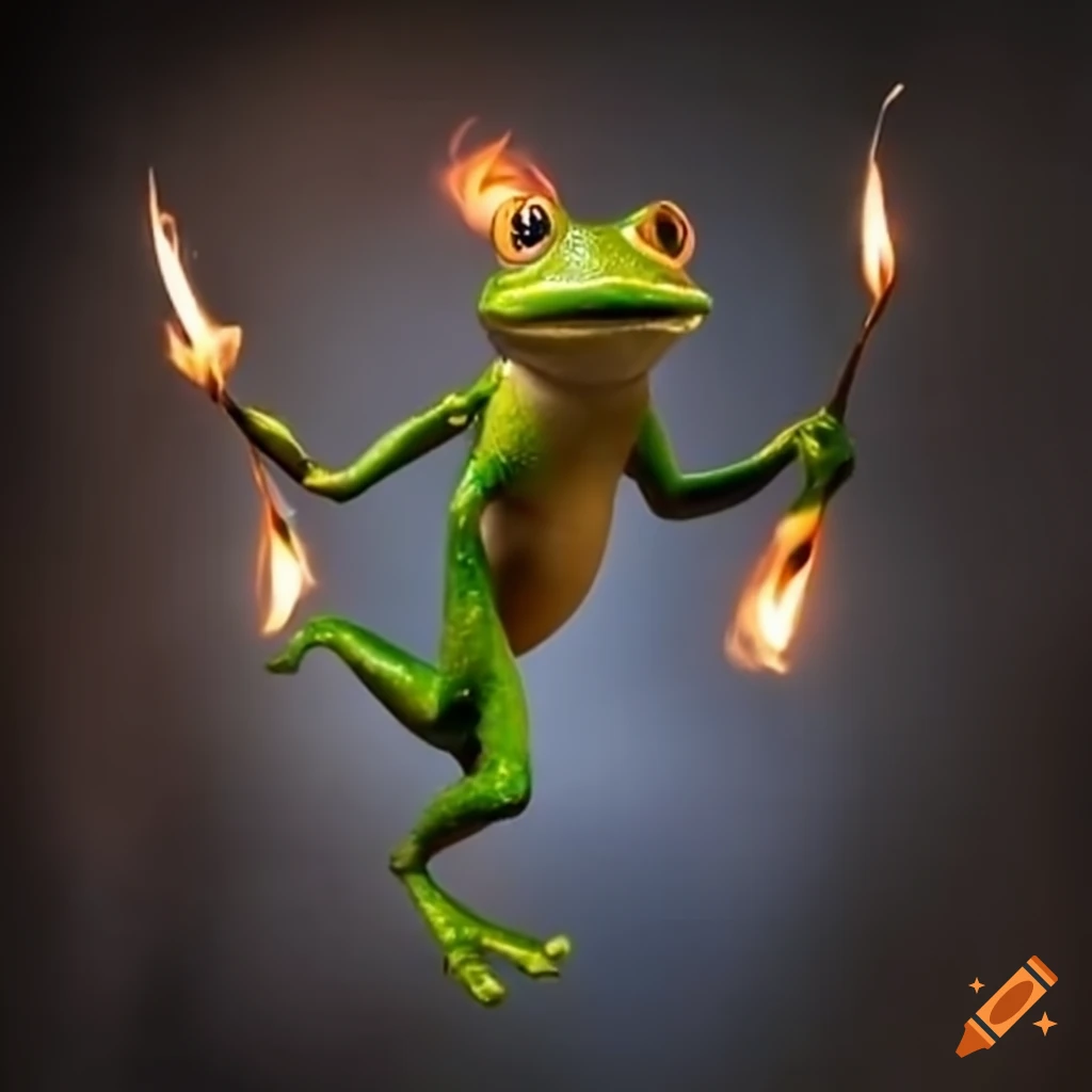 image of a frog juggling flaming sticks