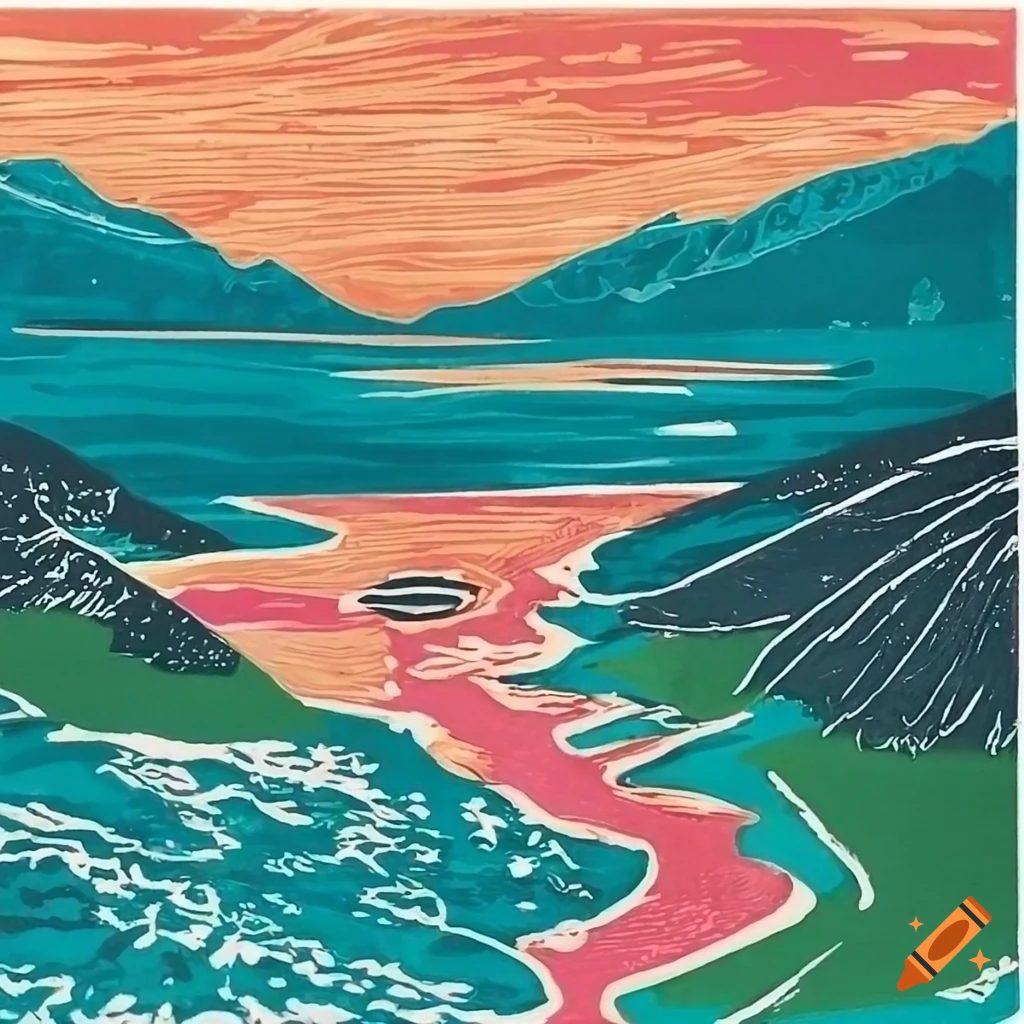 Colorful linocut artwork representing new zealand on Craiyon