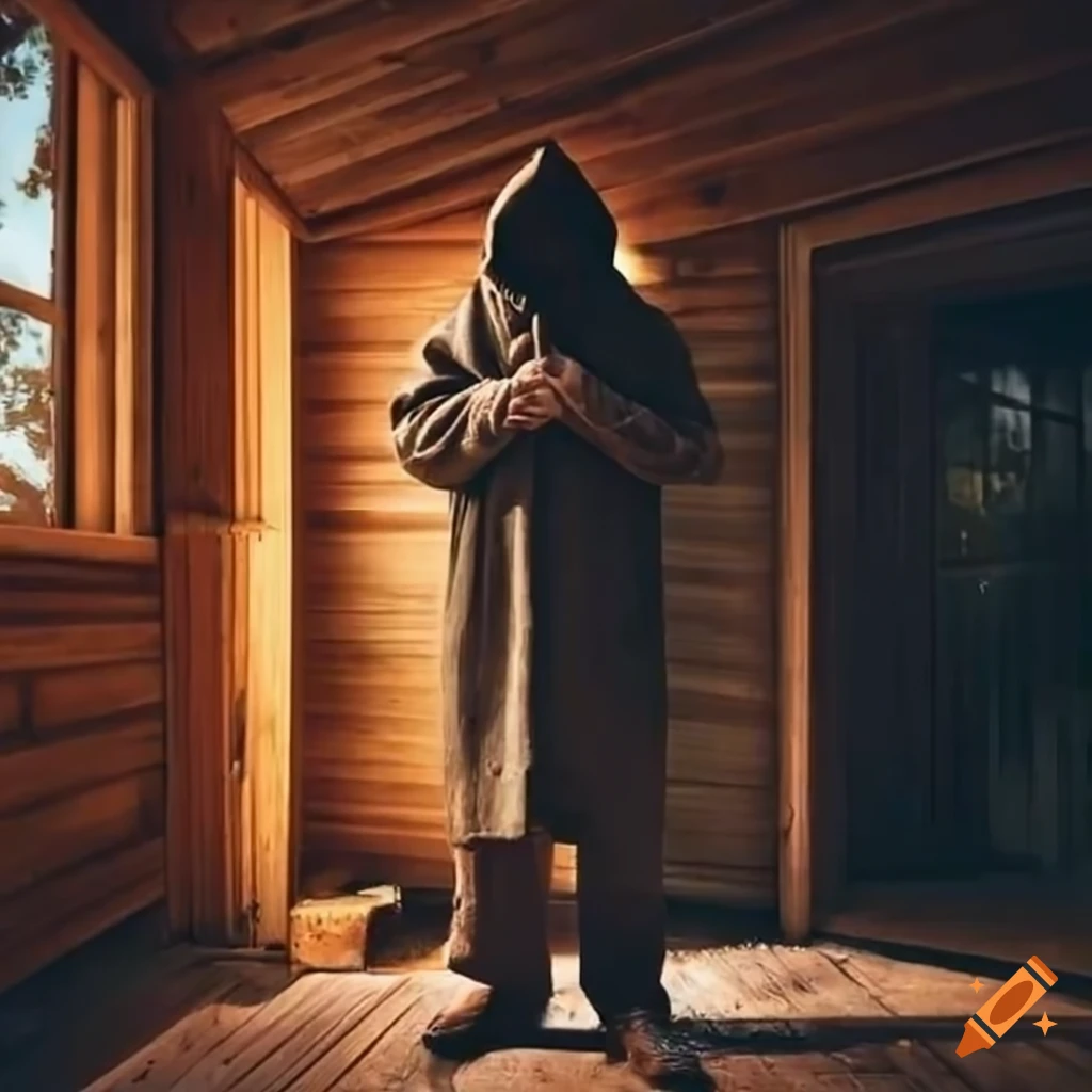 man standing in front of a wooden house