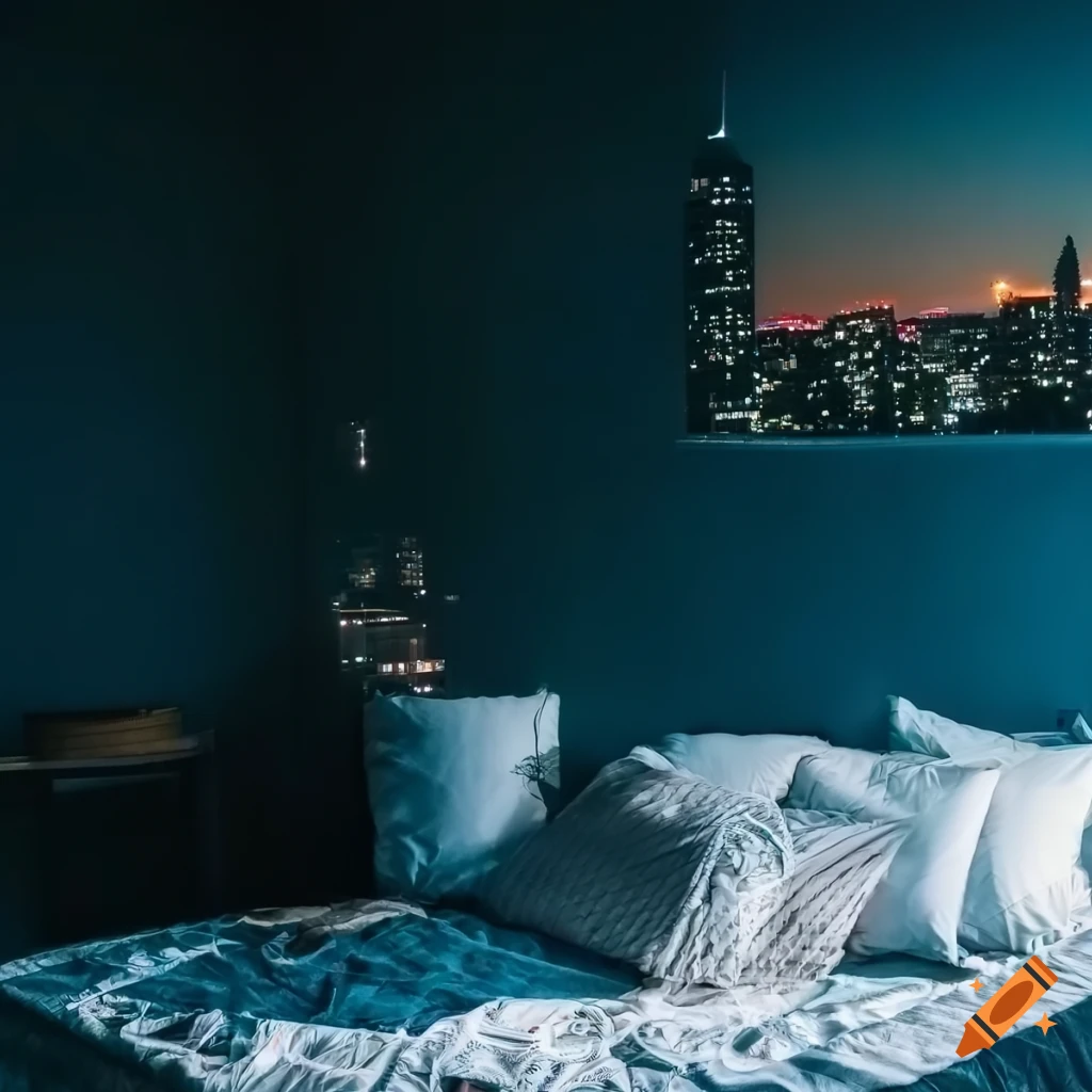 night view of a bedroom with city skyline