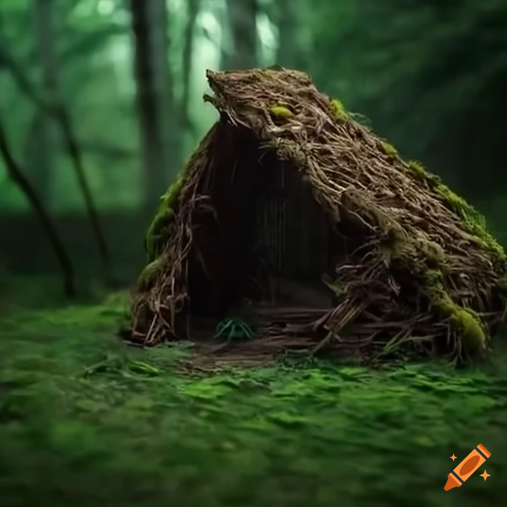 self-made shelter in the woods