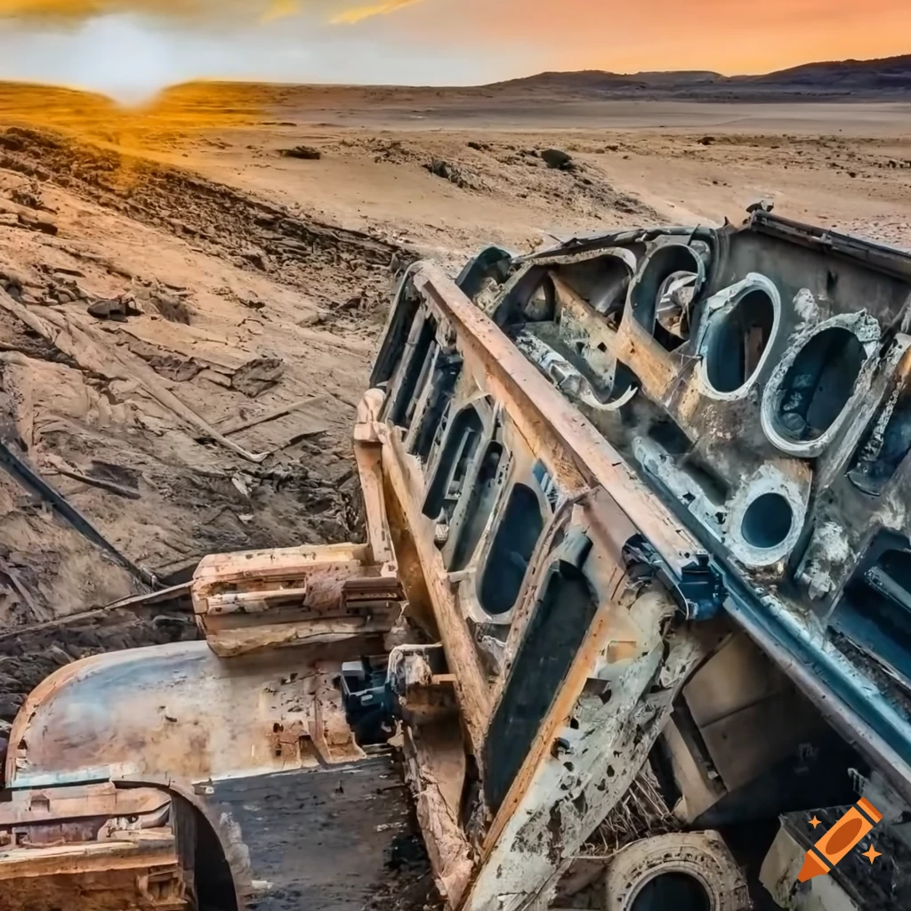 closeup of a decaying excavator in the desert at sunset