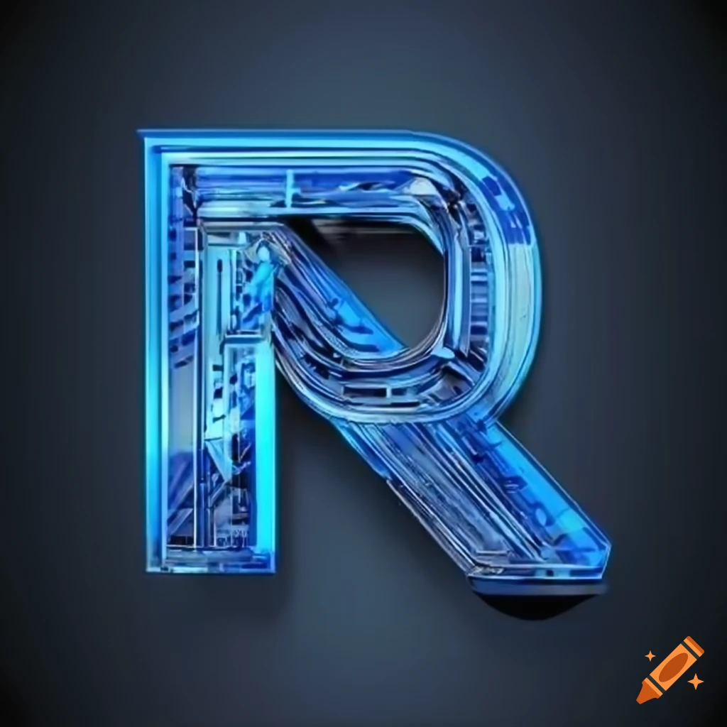 blue futuristic letter R with mechanical details