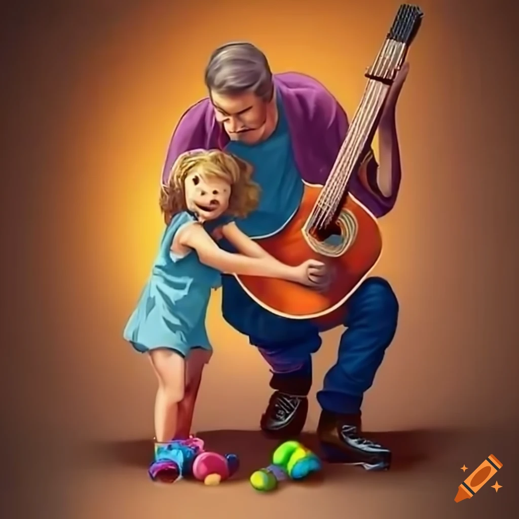 father playing guitar while daughter plays with toys