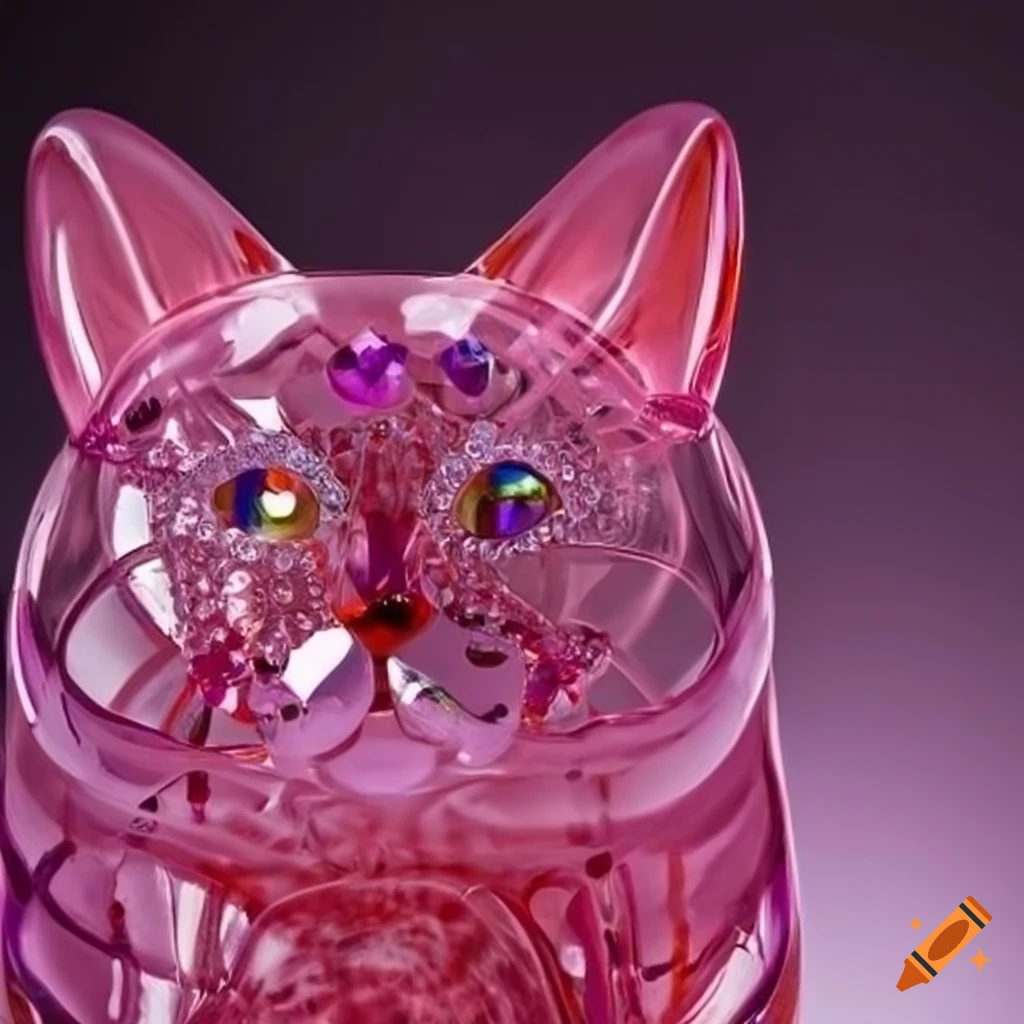 pink glass sculpture of a cat filled with purple jewels